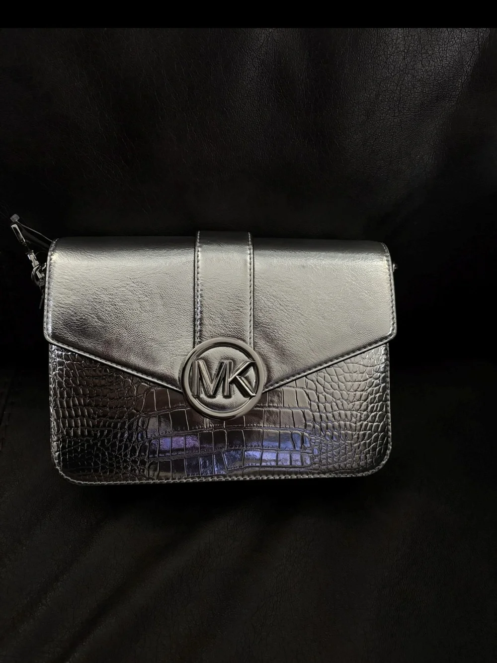 Michael Kors Metallic Silver Croc-Embossed MK Crossbody